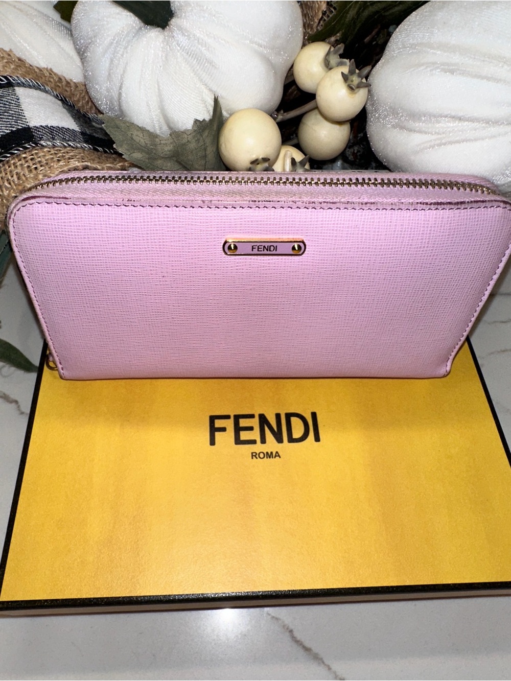 Fendi Bubblegum Pink Saffiano Zip Wallet with Gold Hardware